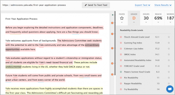 Screenshot of Readable.io Text Analysis