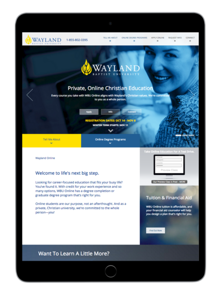 Wayland Baptist micrsite shown on iPad