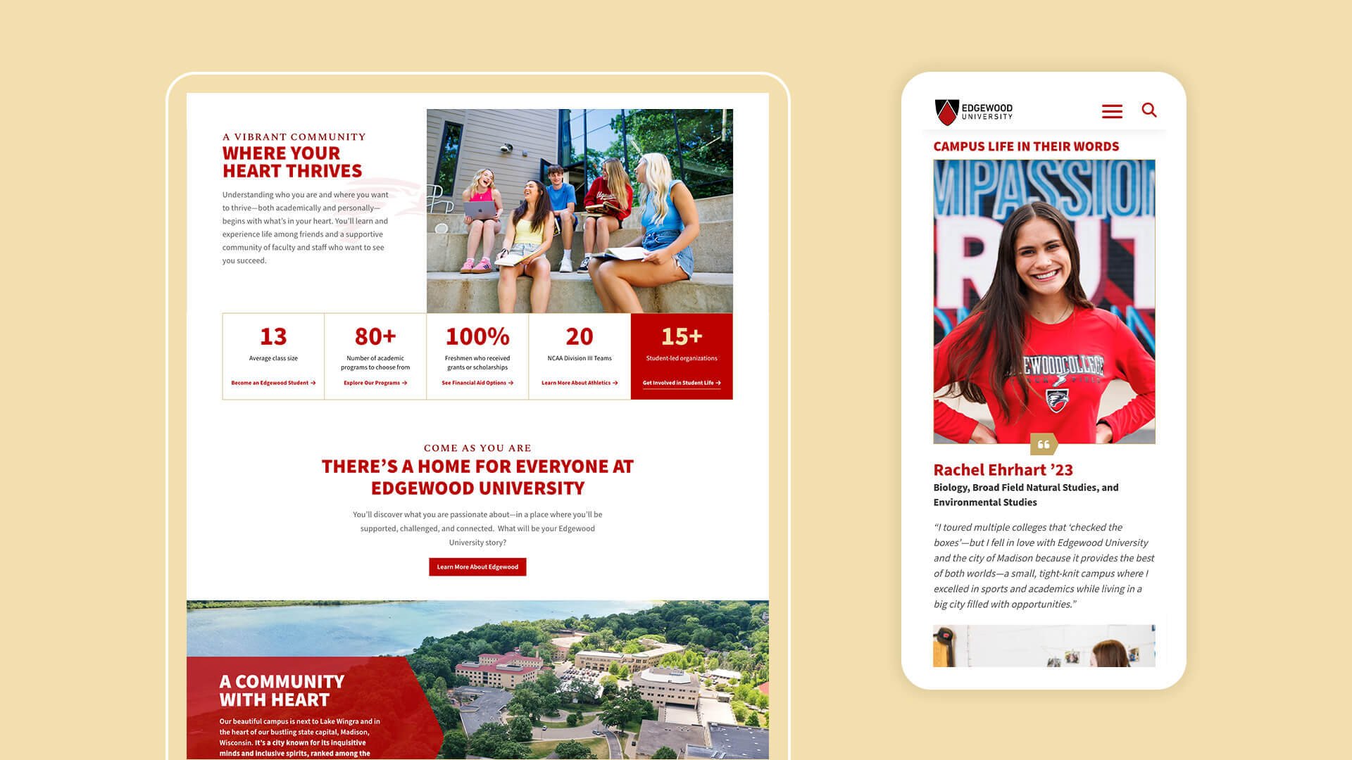 digital mock up of Edgewood College homepage details and mobile website